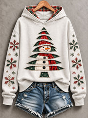 Women's Vintage Snowman Christmas Tree Print Hoodie