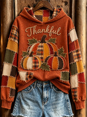 Women's Thanksgiving Pumpkins Plaid Colorblock Patchwork Art Print Hoodie