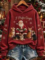 Women's Christmas I Prefer Corgis Santa Claus & Dogs Print Hoodie
