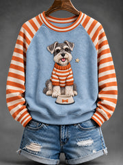 Women's Cute Schnauzer Dog Print Striped Raglan Sleeve Sweatshirt