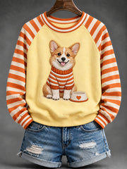 Women's Cute Corgi Dog Print Striped Raglan Sleeve Sweatshirt