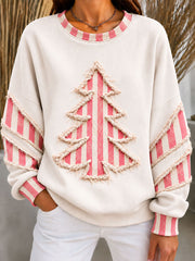 Women's Vintage Christmas Tree Art Ribbed Round-Neck Sweatshirt