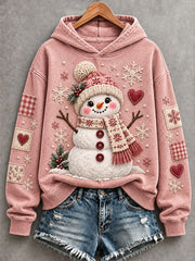 Women's Cute Christmas Snowman Patchwork Print Cozy Hoodie