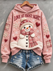 Women's Cute Christmas Snowman Patchwork Print Cozy Hoodie