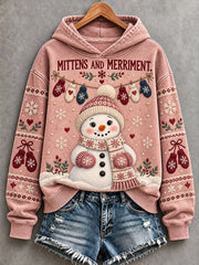 Women's Cute Christmas Snowman Patchwork Print Cozy Hoodie