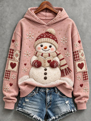 Women's Cute Christmas Snowman Patchwork Print Cozy Hoodie