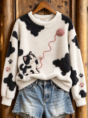 Women's Tuxedo Cat Pattern Causal Flannel Sweatshirt