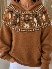 Women's Vintage Boxer Dogs Yoke Isle Pattern Print Hoodie