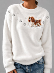 Women's Cavalier Dog in the Snow Paw Prints & Snowflakes Print Flannel Sweatshirt