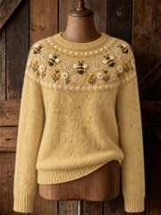 Women's Vintage Flying Bees Daisy Floral Yoke Isle Print crew neck sweater