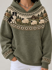 Women's Vintage Border Collie & Sheep Farm Landscape Yoke Isle Print Hoodie