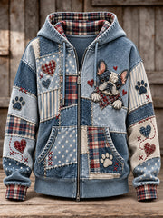 Women's Cute Patchwork Dog Print Zip-Up Hoodie