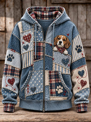 Women's Cute Patchwork Dog Print Zip-Up Hoodie