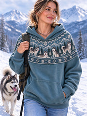Women's Vintage Alaskan Malamute Dogs Yoke Isle Pattern Casual Hoodie