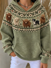 Women's Vintage Border Collie Dog & Highland Cows Yoke Isle Pattern Print Hoodie
