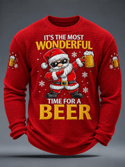 Men's Funny Christmas Santa Claus It‘s The Most Wonderful Time For A Beer Print Casual Waffle Long Sleeve T-Shirt