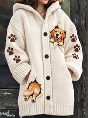 Women's Cute Dog Print Casual Mid-Length Hooded Cardigan