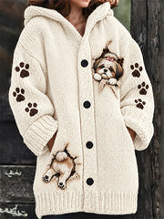 Women's Cute Dog Print Casual Mid-Length Hooded Cardigan
