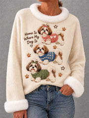 Women's Cute Shih Tzu Print Dog Lovers Casual Fur Collar Top
