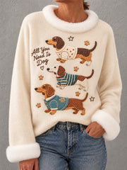 Women's Cute Dachshund Print Dog Lovers Casual Fur Collar Top