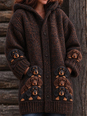 Women's Vintage Crowded Dachshunds Print Cozy Composite Fleece Long Coat
