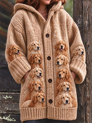 Women's Vintage Crowded Goldens Print Cozy Composite Fleece Long Coat