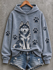 Women's Husky & Paw Prints Patchwork Print Casual Hoodie