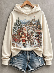 Women's Vintage Santa And Snowman Print Hoodie