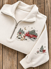 Women's Vintage Red Truck Christmas Tree Farm Print Zip Up Sweatshirt