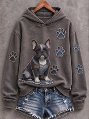 Women's French Bulldog & Paw Prints Patchwork Print Casual Hoodie