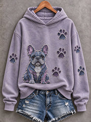 Women's French Bulldog & Paw Prints Patchwork Print Casual Hoodie