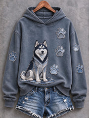 Women's Husky & Paw Prints Patchwork Print Casual Hoodie