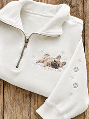 Women's Snowy Winter French Bulldog In the Snow Print Zip Up Sweatshirt