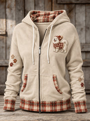 Women's Vintage Plaid Samoyed Dog & Paws Print Comfy Zip-Up Hoodie