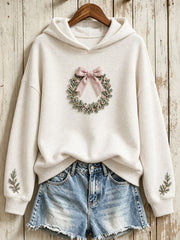 Women's Vintage Christmas Wreath with Pink Bow Print Hoodie