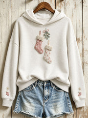 Women's Vintage Christmas Pink Stockings Print Hoodie