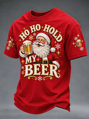 Men's Funny Christmas Santa Claus Drink Beer Print Casual Tee