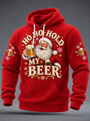 Men's Funny Christmas Santa Claus Drink Beer Print Casual Waffle Hoodie