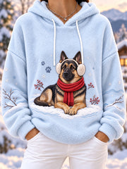 Women's Cute Winter German Shepherd Print Dog Lovers Casual Flannel Hoodie