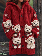 Women's Christmas Crowded Westies Print Cozy Composite Fleece Long Coat