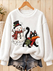 Women's Funny Black Christmas Cat Printed Flannel Sweatshirt