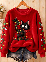Women's Funny Black Christmas Cat Printed Flannel Sweatshirt
