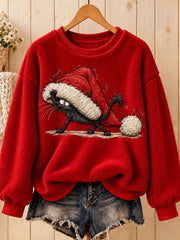 Women's Funny Black Christmas Cat Printed Flannel Sweatshirt