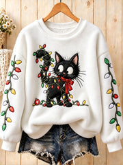 Women's Funny Black Christmas Cat Printed Flannel Sweatshirt