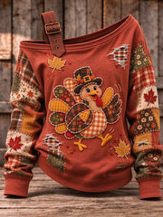 Women's Cute Thanksgiving Turkey Art Casual Off-Shoulder Sweatshirt