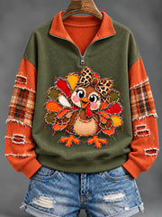 Women's Cute Thanksgiving Turkey Face Art Casual Zippered Sweatshirt