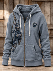 Women's Peeking Doberman Dog & Paw Prints Zipper Patchwork Print Full Zip Hoodie