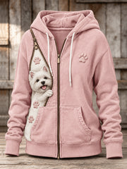 Women's Peeking Westie Dog & Paw Prints Zipper Contrast Color Print Full Zip Hoodie