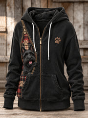 Women's Peeking Scottie Dog & Plaid Paw Prints Zipper Contrast Color Print Full Zip Hoodie