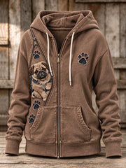 Women's Peeking Pug Dog & Paw Prints Zipper Patchwork Print Full Zip Hoodie